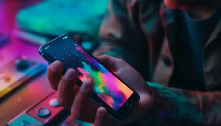 A person holds a smartphone displaying a vibrant, colorful abstract image on the screen. The surrounding environment is dimly lit with neon tones, seamlessly linking internal and external styles to create a modern and artistic atmosphere.