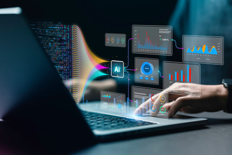 Business owner checking AI website SEO performance in Google search results on a laptop