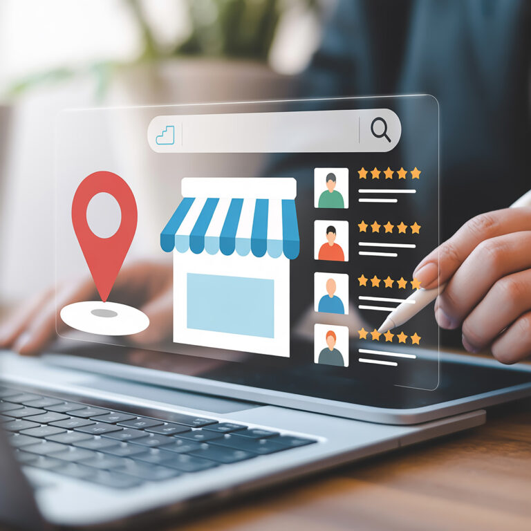 Small local business owner appearing in Google local search results on a laptop