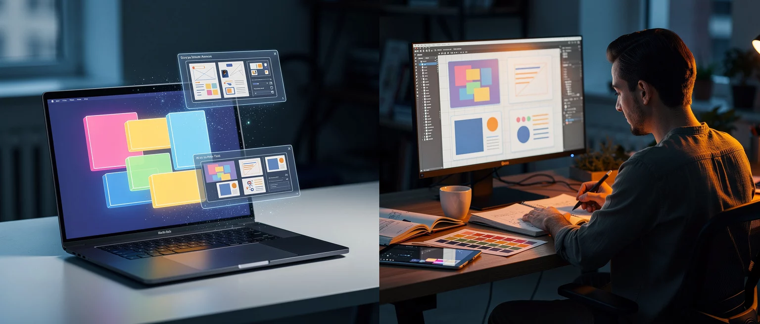 Designer working on graphic layouts with colorful UI elements displayed across laptop and desktop monitors.