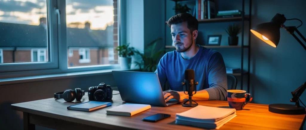 Man working at desk with laptop, microphone, cameras, and notebooks in a modern office with city view.