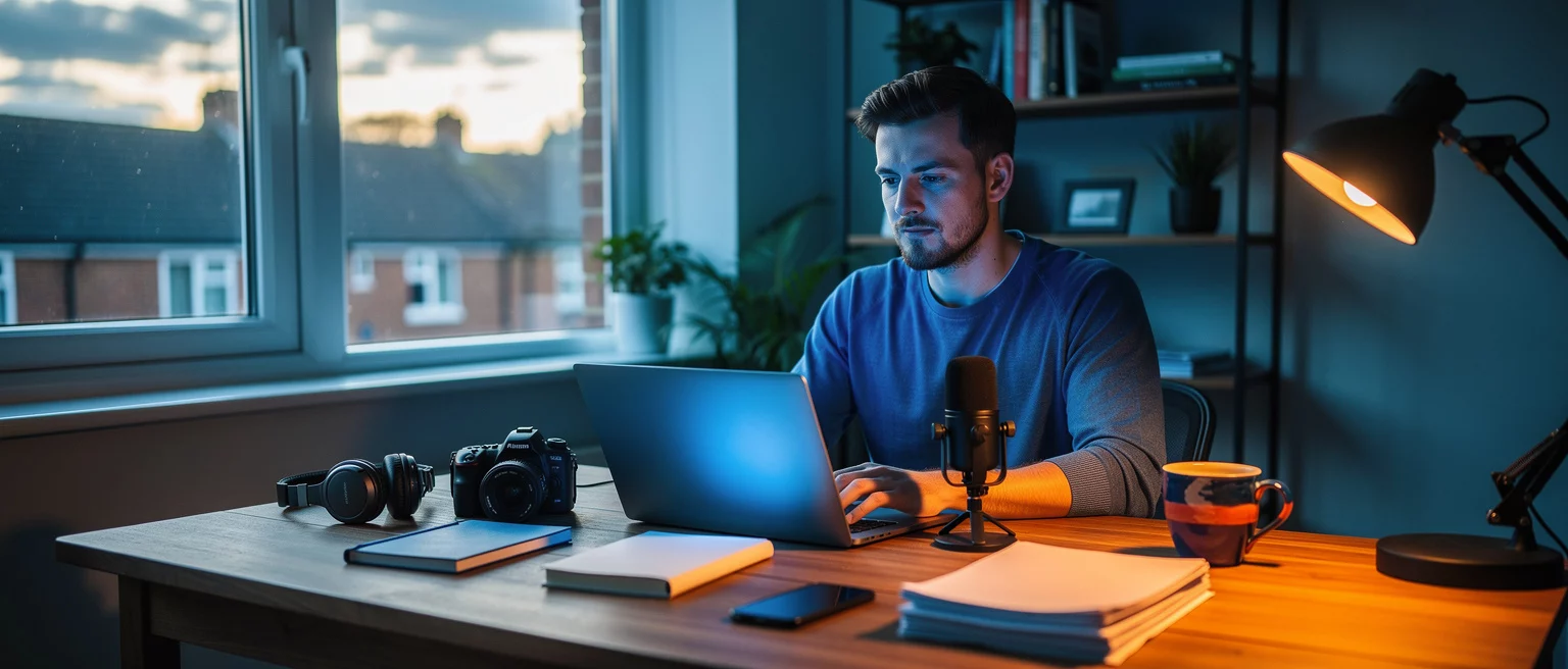 Man working at desk with laptop, microphone, cameras, and notebooks in a modern office with city view.