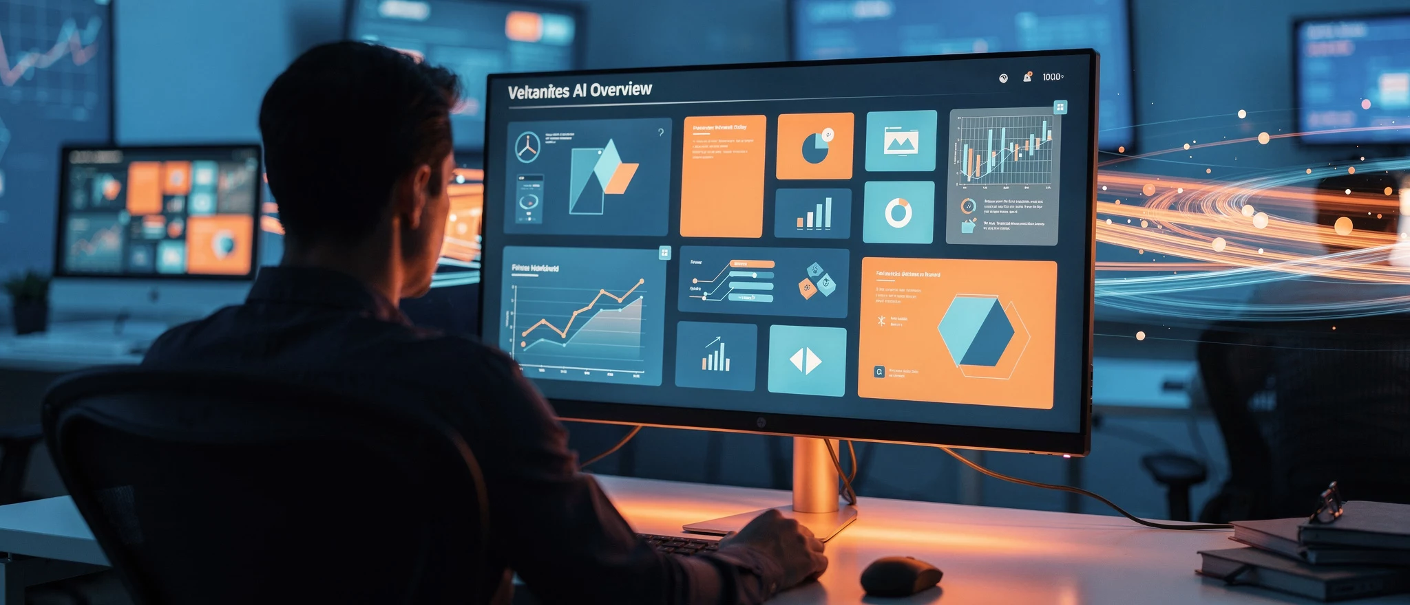 Man viewing a Vellanites AI Overview dashboard displaying data visualisations and analytics on a monitor in a tech office.