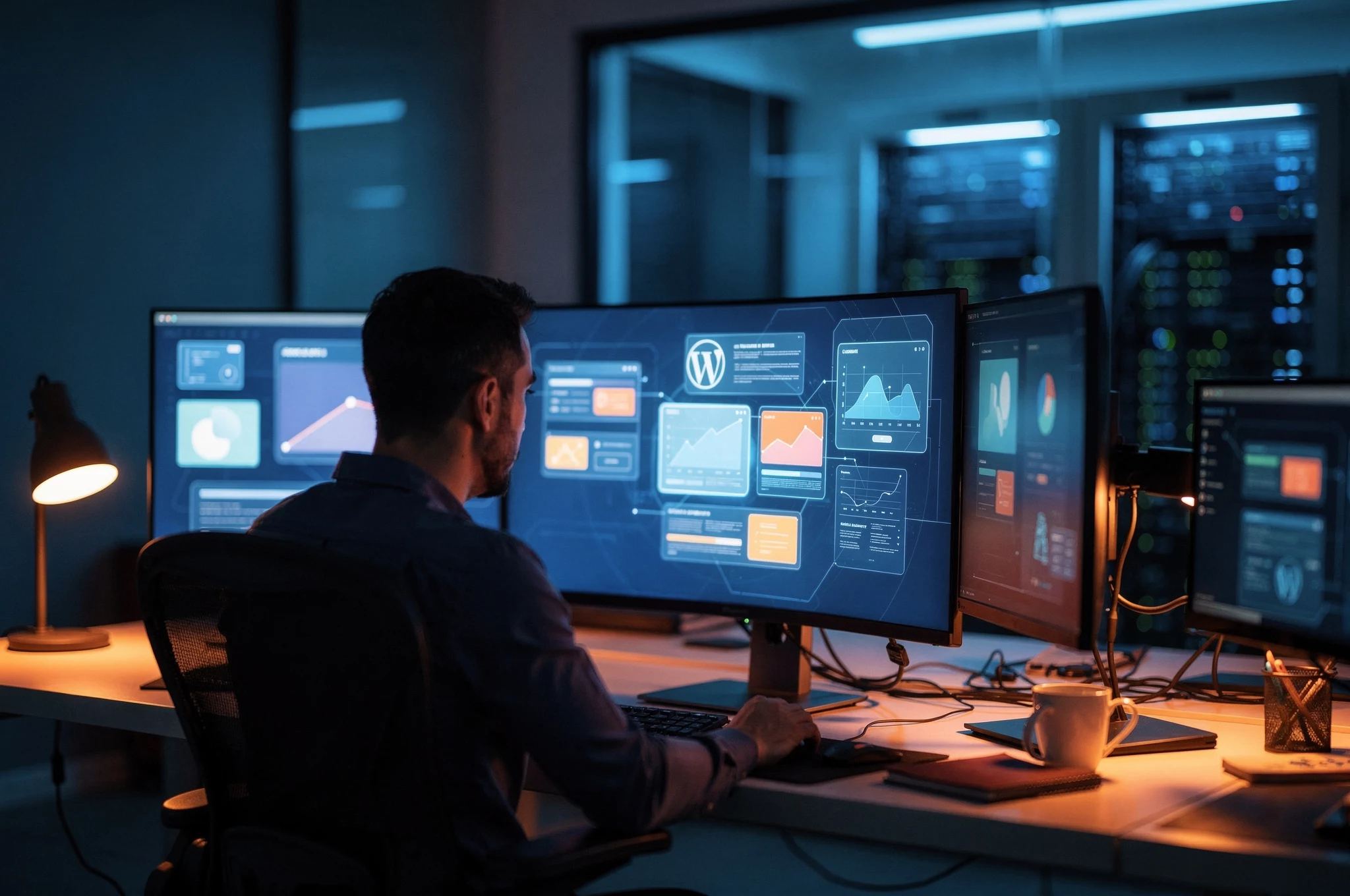Man seated at desk viewing data analytics dashboards on multiple monitors in a dimly lit office at night.