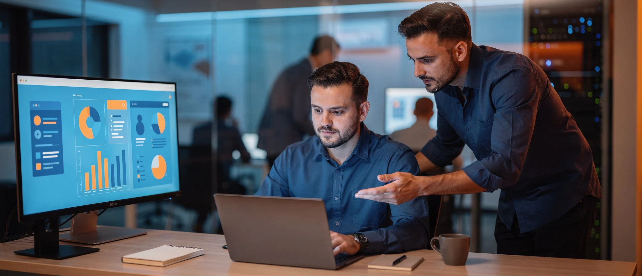 Two men in business attire reviewing data on a laptop and monitor displaying charts and graphs in a modern office.